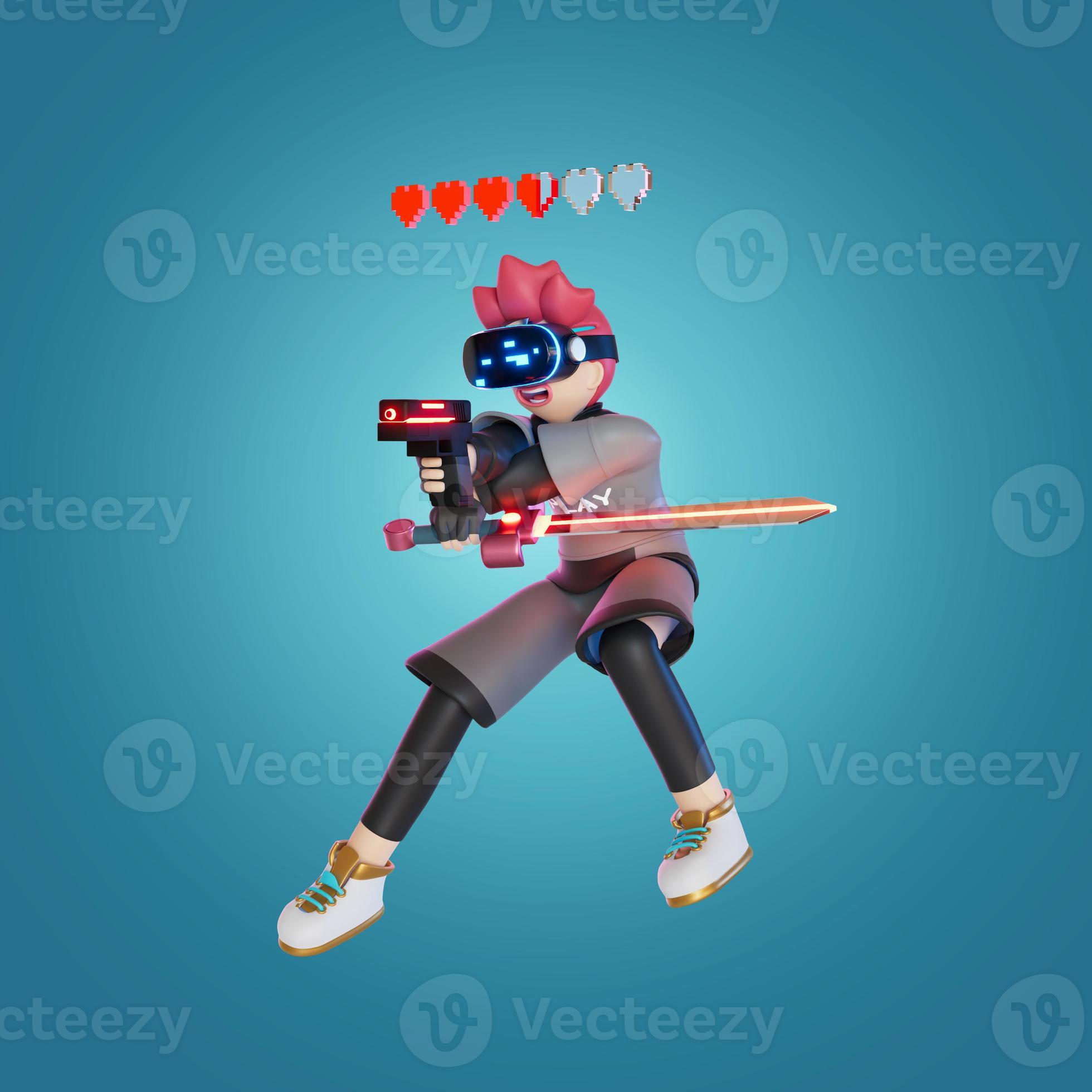 homens pulam usam vr segurando espadas e armas. jogar o jogo na terra do  metaverso. para receber prêmios, retrato, 3d, renderização, ilustração  7295987 Foto de stock no Vecteezy